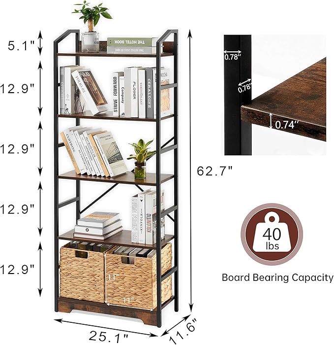 Vagusicc 5 Tier Bookshelf with 2 Storage Baskets, Tall Bookcase Shelf Storage Organizer Wood Book Shelf, Modern Shelf Rack Shelves with Steel Frame, Multipurpose Bookshelf for Bedroom Living Room - LeafyLoom