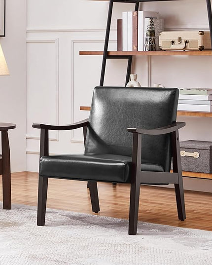 Yaheetech PU Leather Accent Chair, Mid-Century Modern Armchair with Solid Wood Legs, Reading Leisure Chair with High Back for Living Room Bedroom Waiting Room, Black - LeafyLoom