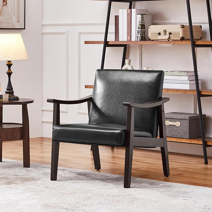 Yaheetech PU Leather Accent Chair, Mid-Century Modern Armchair with Solid Wood Legs, Reading Leisure Chair with High Back for Living Room Bedroom Waiting Room, Black - LeafyLoom