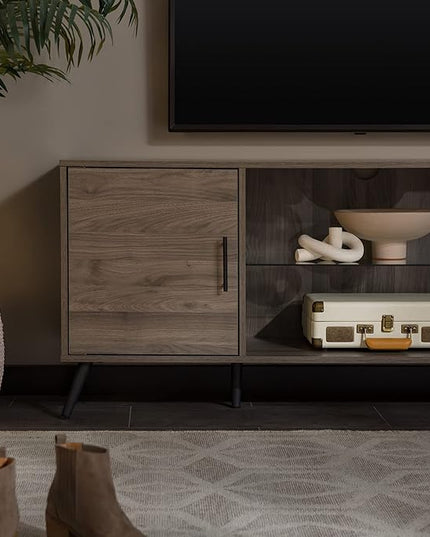 Walker Edison Saxon Mid Century Modern Glass Shelf TV Stand for TVs up to 65 Inches, 60 Inch, Slate Grey - LeafyLoom