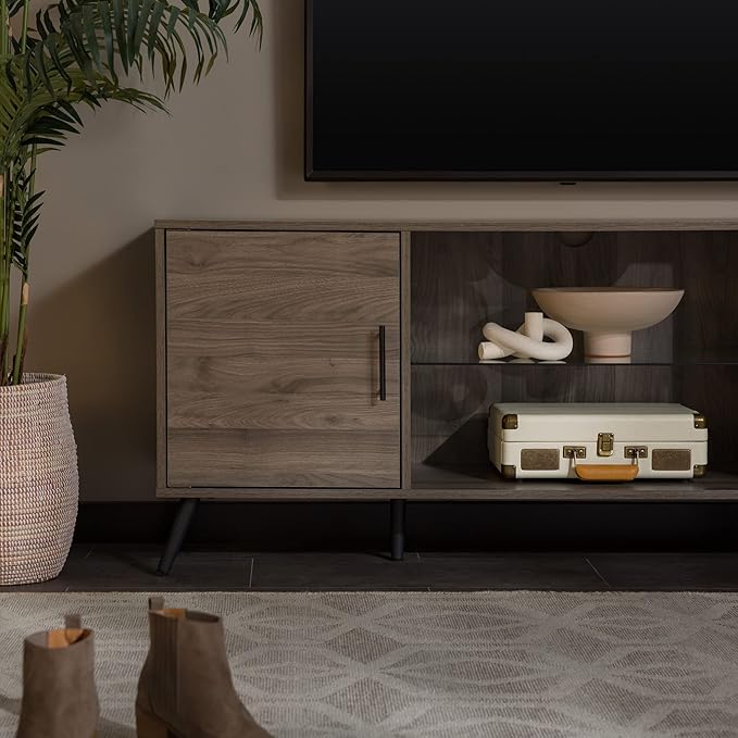 Walker Edison Saxon Mid Century Modern Glass Shelf TV Stand for TVs up to 65 Inches, 60 Inch, Slate Grey - LeafyLoom