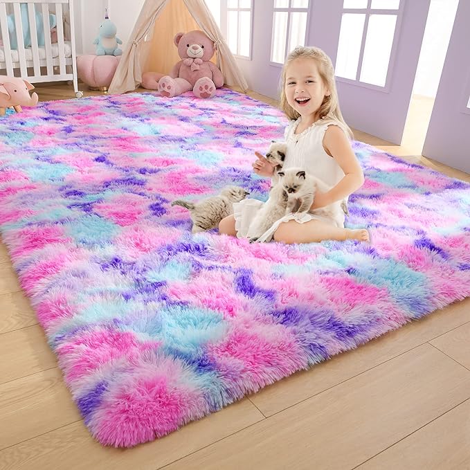 AROGAN Soft Rainbow Area Rugs for Girls Room 3x5 Feet, Fluffy Cute Colorful Princess Carpet for Kids Teens Nursery Toddler,Bedroom Hot Pink - LeafyLoom