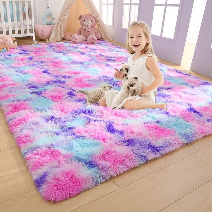 AROGAN Soft Rainbow Area Rugs for Girls Room 4x6 Feet, Fluffy Bedroom Rugs, Princess Rug, Cute Colorful Carpet for Kids Teens Nursery Toddler, Hot Pink - LeafyLoom