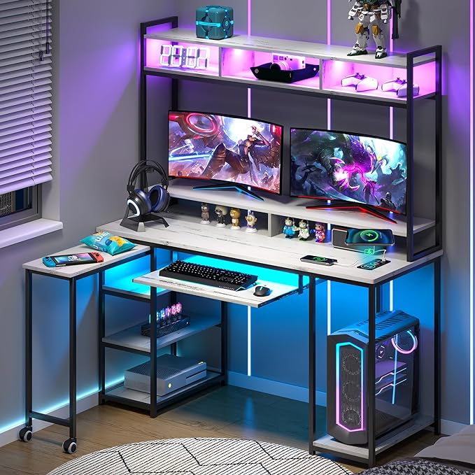 Lvifur RGB Gaming Desk with Wireless Charging Station,7 Dynamic & 24 Static Dimmable Computer Desk with Movable Table, 55'' Home Office Small Desk with Keyboard Tray,Monitor Stand,Display Stand - LeafyLoom