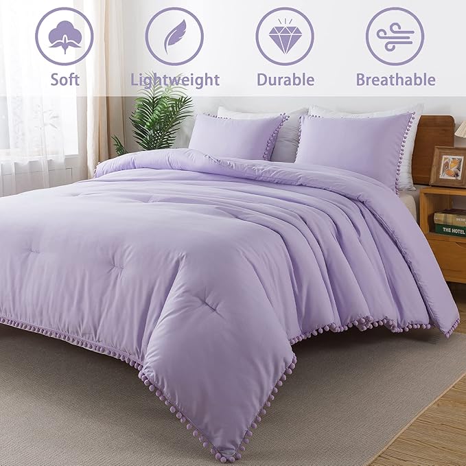 Litanika Comforter Full Size Set Lavender Purple,3 Pieces Lavender Purple Boho Pom Pom Lightweight Bed Comforter Full,All Season Soft Bedding Comforter Sets (1 Comforter 79x90 Inch, 2 Pillowcases) - LeafyLoom