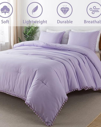 Litanika Queen Size Comforter Set Lavender Purple,3 Pieces Lavender Purple Boho Pom Pom Lightweight Bed Comforter, All Season Soft Bedding Comforter Sets (1 Comforter 90x90 Inch, 2 Pillowcases) - LeafyLoom