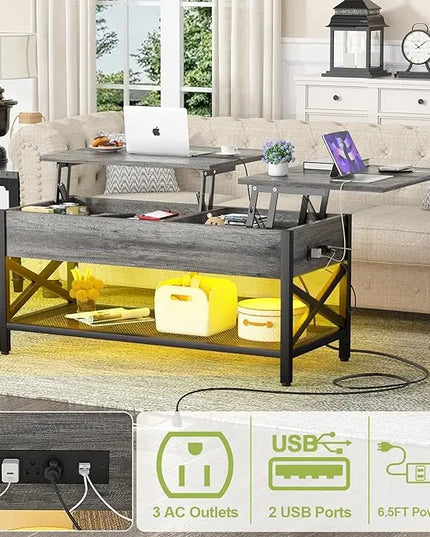 Aheaplus Coffee Table, Lift Top Coffee Table with LED light and Power Outlet, Modern Lift-Top Table with Storage Shelf, Center Table for Living Room, Lift Tabletop, X Support, Metal Frame, Black Oak - LeafyLoom
