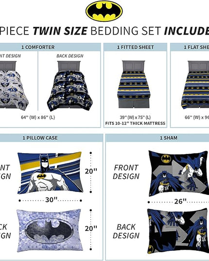 Franco Kids Bedding Super Soft Comforter and Sheet Set with Sham, 5 Piece Twin Size, Batman - LeafyLoom