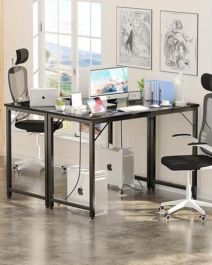 Small Computer Desk with Magic Power Outlets and USB Charging Ports, 32 Inch Modern Home Office Desks for Small Spaces, Sturdy Simple Laptop PC Writing Table for Students Teens, Black, 2 Pack - LeafyLoom