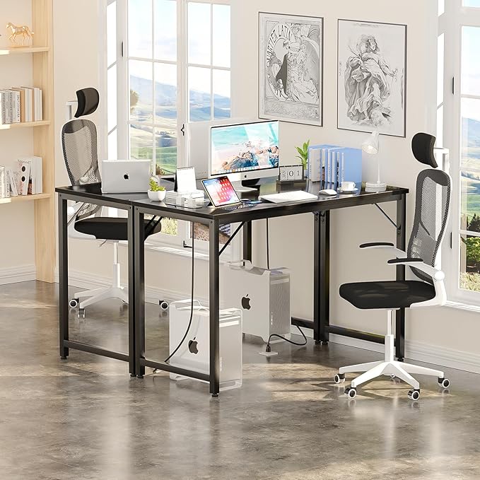 Small Computer Desk with Magic Power Outlets and USB Charging Ports, 32 Inch Modern Home Office Desks for Small Spaces, Sturdy Simple Laptop PC Writing Table for Students Teens, Black, 2 Pack - LeafyLoom