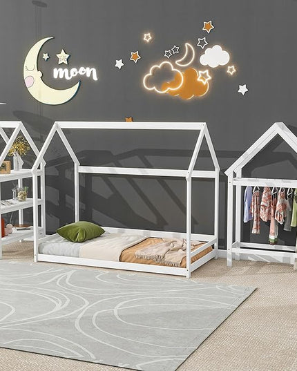Twin Size Wood House Bed,Wood Platform Bed with Storage Shelves and Hanger,Floor Twin Size Montessori Bed Frame, Kids Boys Girls Bedroom,Living Room,No Box Spring Required,White - LeafyLoom