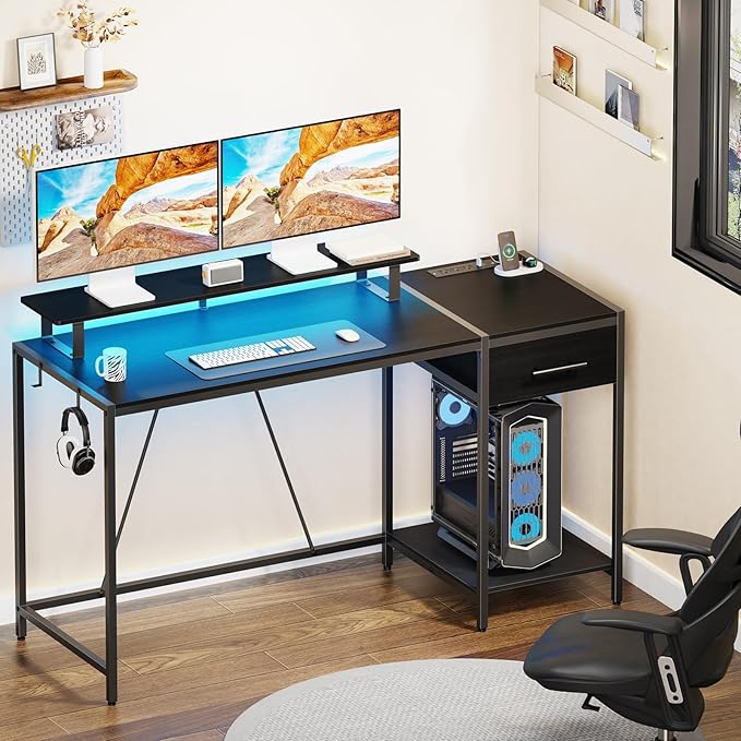 Gaming Desk with Led Light & Power Outlets, 55" Computer Desk with Wooden Drawers and Monitor Stand, Office Desk with Shelves and 2 Headphone Hooks, Work Desk for Home Office,Black - LeafyLoom