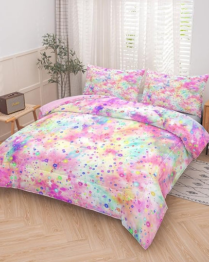 Pink Comforter Set for Girls, Bed in A Bag Twin Size, Purple Pink Tie Dye Pastel Comforter Set with Fitted Sheet and Flat Sheet - LeafyLoom