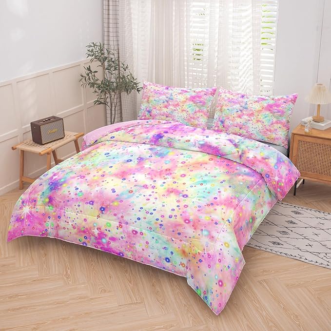 Pink Comforter Set for Girls, Bed in A Bag Twin Size, Purple Pink Tie Dye Pastel Comforter Set with Fitted Sheet and Flat Sheet - LeafyLoom