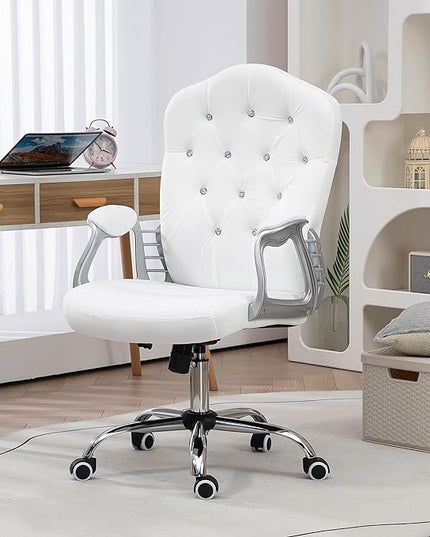 Vinsetto Home Office Chair, Velvet Computer Chair, Button Tufted Desk Chair with Swivel Wheels, Adjustable Height, and Tilt Function, White - LeafyLoom