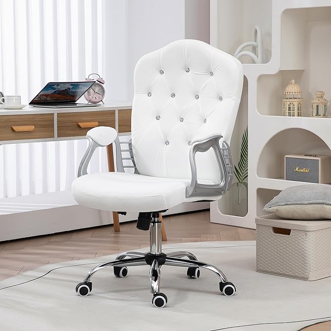 Vinsetto Home Office Chair, Velvet Computer Chair, Button Tufted Desk Chair with Swivel Wheels, Adjustable Height, and Tilt Function, White - LeafyLoom