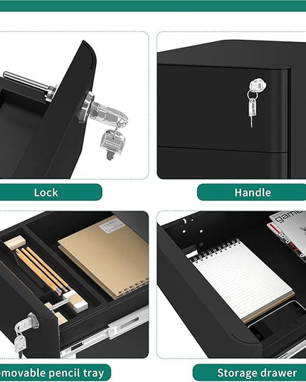 YITAHOME 3-Drawer Metal Filing Cabinet Office, Compact Portable Slim File Cabinet Drawers with Keys, Pre-Built Office Storage Cabinet for A4/Letter/Legal (Black) - LeafyLoom