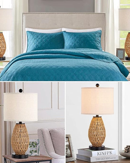 Touch Control Rattan Table Lamps, 3 Way Dimmable Bedside Lamps for Bedroom Set of 2 with 2 USB Ports and AC Outlet, Wicker Nightstand Lamps for Living Room (LED Bulbs Included) - LeafyLoom
