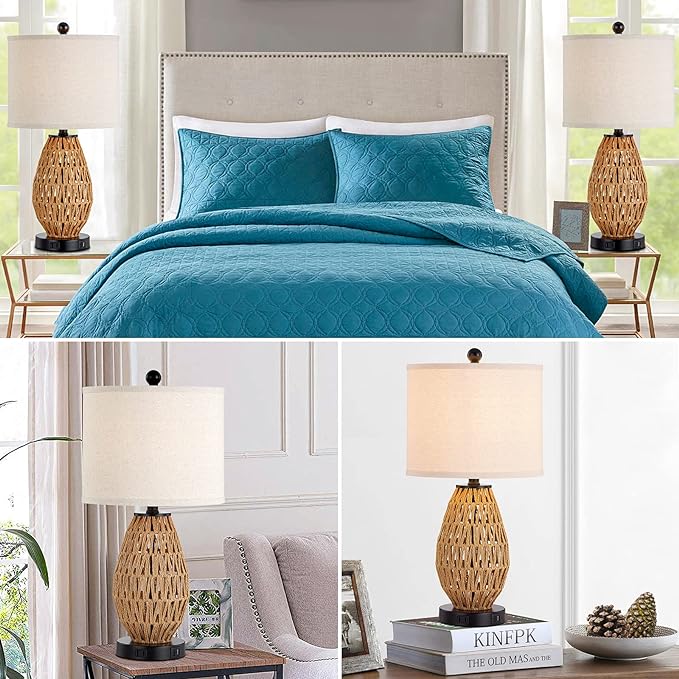 Touch Control Rattan Table Lamps, 3 Way Dimmable Bedside Lamps for Bedroom Set of 2 with 2 USB Ports and AC Outlet, Wicker Nightstand Lamps for Living Room (LED Bulbs Included) - LeafyLoom