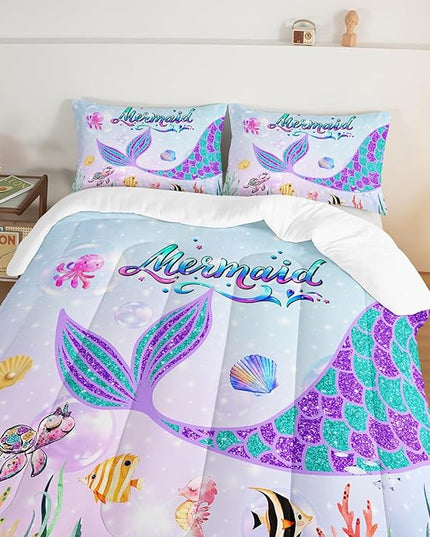 HOSIMA Mermaid Tail Comforter Set for Kids Girls Teens Bedroom Decor,Cartoon Scallop Sea Turtle Sea Horses Octopus Kawaii Bedding Set Mermaid Fish Scale Comforter,Ocean Full Size Bed in a Bag Set. - LeafyLoom
