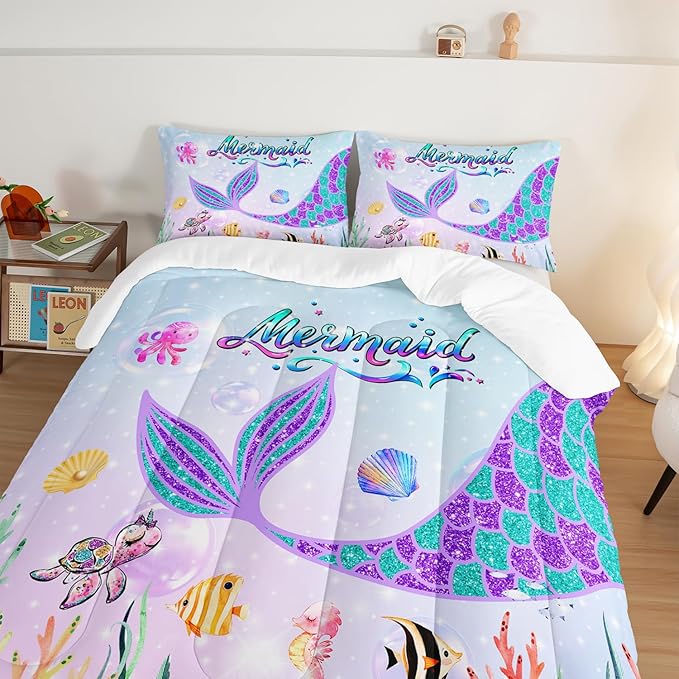 HOSIMA Mermaid Tail Comforter Set for Kids Girls Teens Bedroom Decor,Cartoon Scallop Sea Turtle Sea Horses Octopus Kawaii Bedding Set Mermaid Fish Scale Comforter,Ocean Full Size Bed in a Bag Set. - LeafyLoom