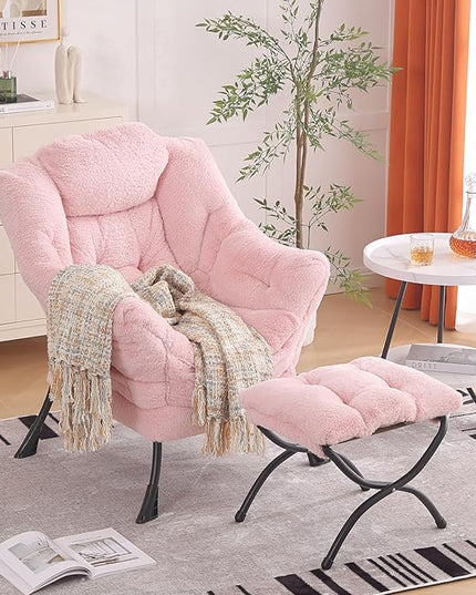 Lazy Chair with Ottoman, Modern Chair with Folding Footrest, Lounge Accent Chair, Comfortable Reading Chair, Oversized Armchairs for Bedroom, Study, Living Room(Plush Pink) - LeafyLoom