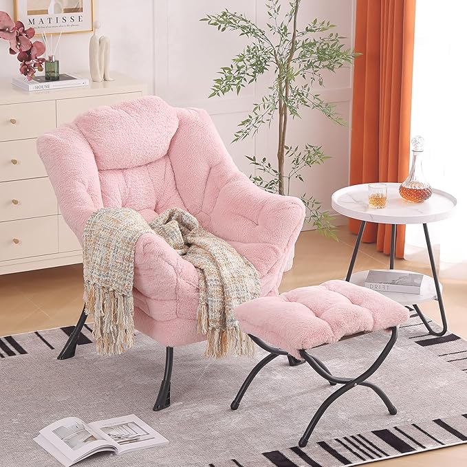 Lazy Chair with Ottoman, Modern Chair with Folding Footrest, Lounge Accent Chair, Comfortable Reading Chair, Oversized Armchairs for Bedroom, Study, Living Room(Plush Pink) - LeafyLoom