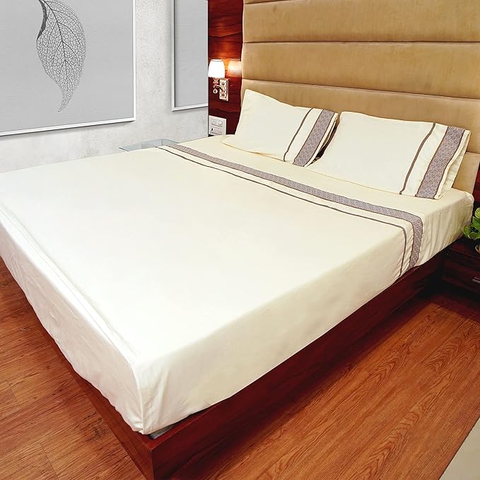 100% Egyptian Cotton California King Sheets Set, 1000 Thread Count Long Staple Cotton, Thick Sateen Cal King Sheets, 18 in Deep Pocket, Ultra Soft & Breathing Cotton - Taupe Embroidered Ivory Sheets - LeafyLoom