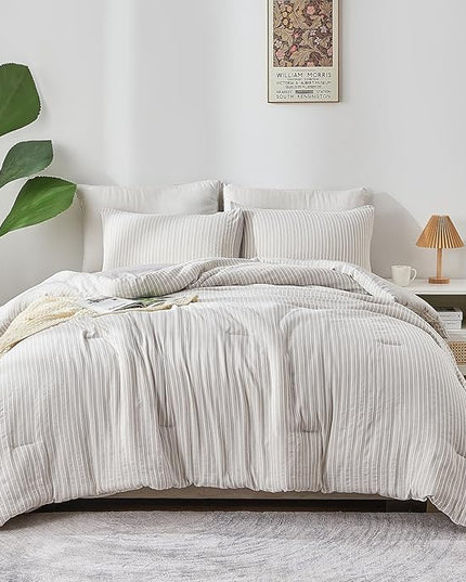 ENCOFT Light Grey Comforter Queen Size, 3 Piece White Striped Comforter for Queen Size Bed, with 2 Pillowcase, Soft Microfiber Light Weight Bedding Set with Comforter, 90" x 90" - LeafyLoom