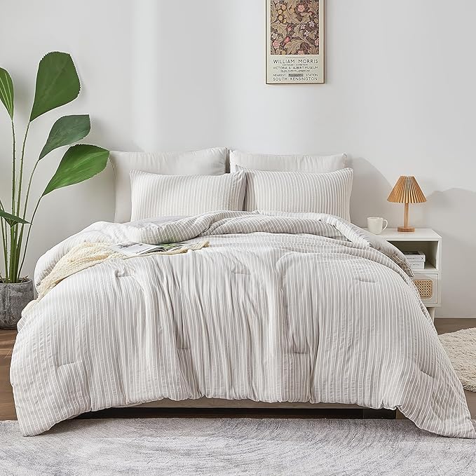 ENCOFT Light Grey Comforter Queen Size, 3 Piece White Striped Comforter for Queen Size Bed, with 2 Pillowcase, Soft Microfiber Light Weight Bedding Set with Comforter, 90" x 90" - LeafyLoom