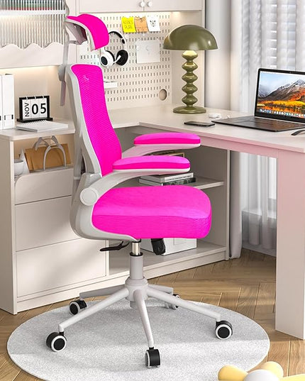 𝑯𝑶𝑴𝑬 𝑶𝑭𝑭𝑰𝑪𝑬 𝑪𝑯𝑨𝑰𝑹, Ergonomic Mesh Desk Chair, High Back Computer Chair- Adjustable Headrest with Flip-Up Arms, Lumbar Support, Swivel Executive Task Chair (Modern, Neon Pink) - LeafyLoom