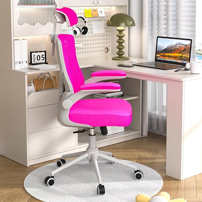 𝑯𝑶𝑴𝑬 𝑶𝑭𝑭𝑰𝑪𝑬 𝑪𝑯𝑨𝑰𝑹, Ergonomic Mesh Desk Chair, High Back Computer Chair- Adjustable Headrest with Flip-Up Arms, Lumbar Support, Swivel Executive Task Chair (Modern, Neon Pink) - LeafyLoom
