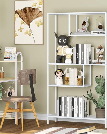 HOME BI Geometric Bookshelf, Tall Modern Etagere Bookcase, Industrial Metal Book Shelf with 5 Open Display Shelves for Office Living Room, White - LeafyLoom