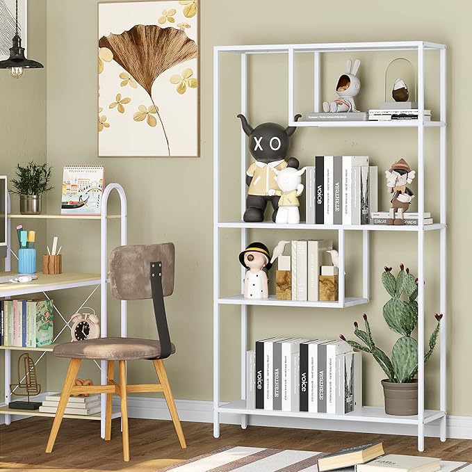 HOME BI Geometric Bookshelf, Tall Modern Etagere Bookcase, Industrial Metal Book Shelf with 5 Open Display Shelves for Office Living Room, White - LeafyLoom