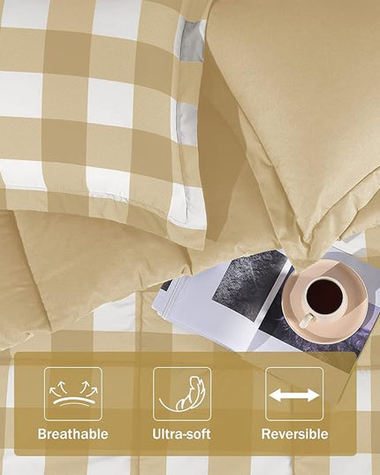 downluxe Lightweight Plaid Comforter Set (King) with 2 Pillow Sham - 3-Piece Set - Khaki/White Plaid - Down Alternative Reversible Comforter - LeafyLoom