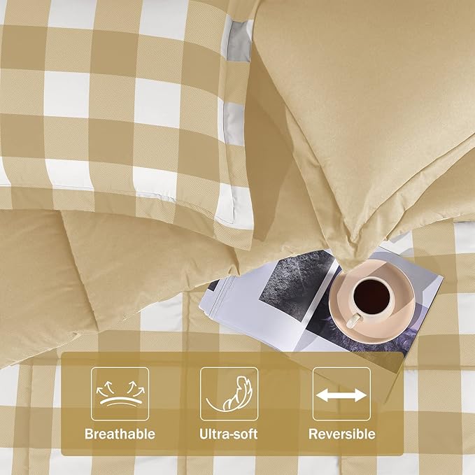 downluxe Lightweight Plaid Comforter Set (King) with 2 Pillow Sham - 3-Piece Set - Khaki/White Plaid - Down Alternative Reversible Comforter - LeafyLoom