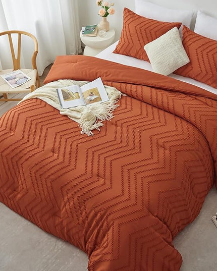 CozyLux King Size Comforter Set Burnt Orange - 3 Pieces Terracotta Boho Tufted Shabby Chic Bedding Comforter Set for All Seasons, Chevron Bedding Sets with Comforter & 2 Pillow Shams - LeafyLoom