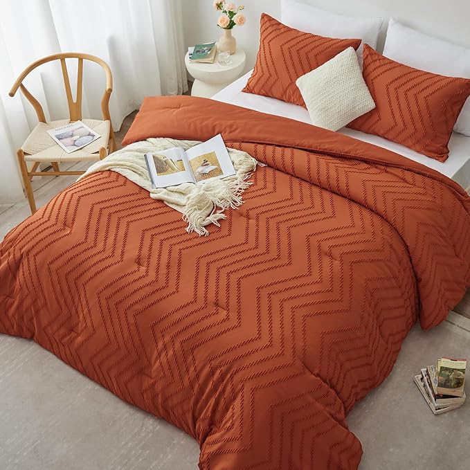 CozyLux Queen Comforter Set Burnt Orange - 3 Pieces Terracotta Boho Tufted Shabby Chic Bedding Comforter Set for All Seasons, Chevron Bedding Sets with Comforter & 2 Pillow Shams - LeafyLoom