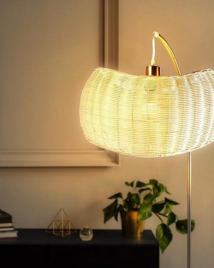 Brightech Wave Arched Floor Lamp – Unique Hanging Wicker Shade for Living Rooms – Rattan Style Matches Boho and Other Décor – Arcs Over Sofas and Dining Tables for Compliments - Brass - LeafyLoom