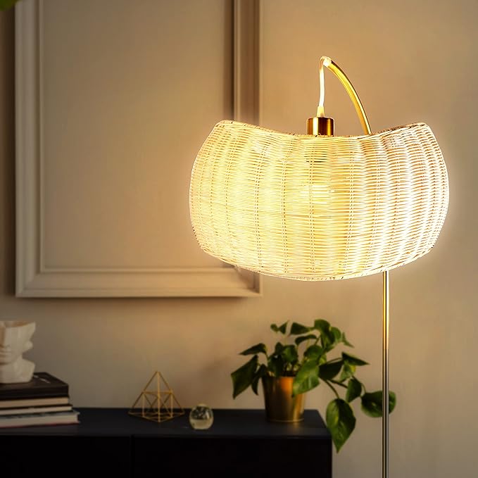 Brightech Wave Arched Floor Lamp – Unique Hanging Wicker Shade for Living Rooms – Rattan Style Matches Boho and Other Décor – Arcs Over Sofas and Dining Tables for Compliments - Brass - LeafyLoom