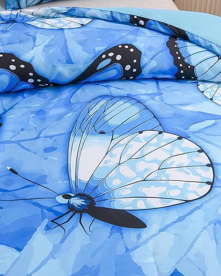 Btargot 3 Piece Blue Butterfly Girls Kids Adults Queen Size Comforter Set, Lightweight Soft All Season Bedding Set with 2 Pillowcases - LeafyLoom