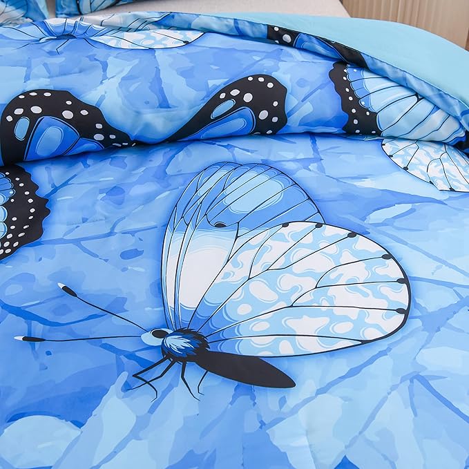 Btargot 3 Piece Blue Butterfly Girls Kids Adults Queen Size Comforter Set, Lightweight Soft All Season Bedding Set with 2 Pillowcases - LeafyLoom