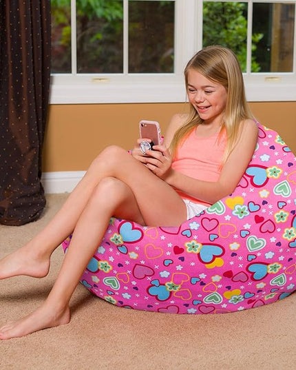 Posh Creations Bean Bag Chair for Kids, Teens, and Adults Includes Removable and Machine Washable Cover, Canvas Multi-Colored Hearts on Pink, 38in - Large - LeafyLoom