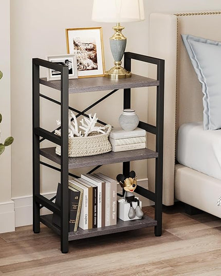 Bookshelf, 3 Tier Industrial Bookcase, Metal Small Bookcase, Rustic Etagere Book Shelf Storage Organizer for Living Room, Bedroom, and Home Office(Grey) Patent Pending D29873033 - LeafyLoom