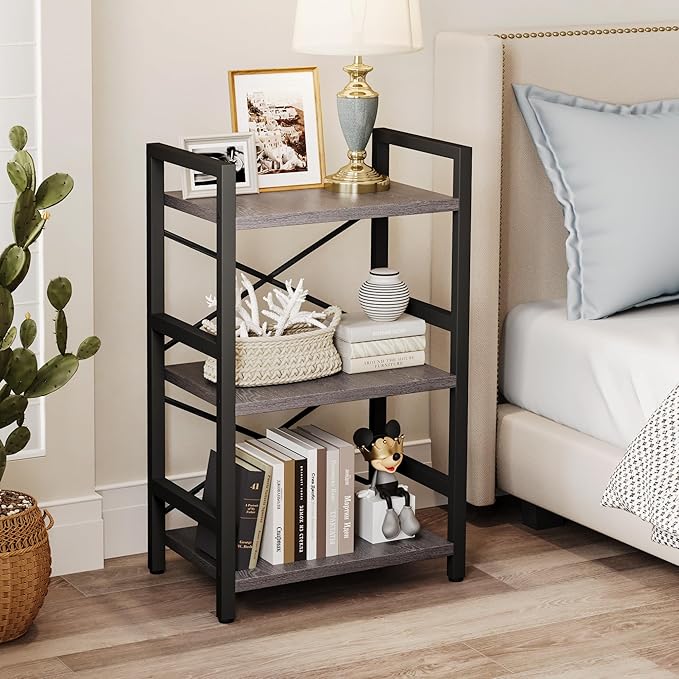 Bookshelf, 3 Tier Industrial Bookcase, Metal Small Bookcase, Rustic Etagere Book Shelf Storage Organizer for Living Room, Bedroom, and Home Office(Grey) Patent Pending D29873033 - LeafyLoom
