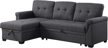 84 inch L-Shape Sectional Sleeper Couches with Chaise Storage and Pull, 3 Seater Sofa Bed w/Tufted Linen Backrest for Living Spaces Apartment Dorm, Gray, Dark Grey - LeafyLoom