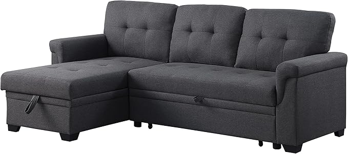 84 inch L-Shape Sectional Sleeper Couches with Chaise Storage and Pull, 3 Seater Sofa Bed w/Tufted Linen Backrest for Living Spaces Apartment Dorm, Gray, Dark Grey - LeafyLoom