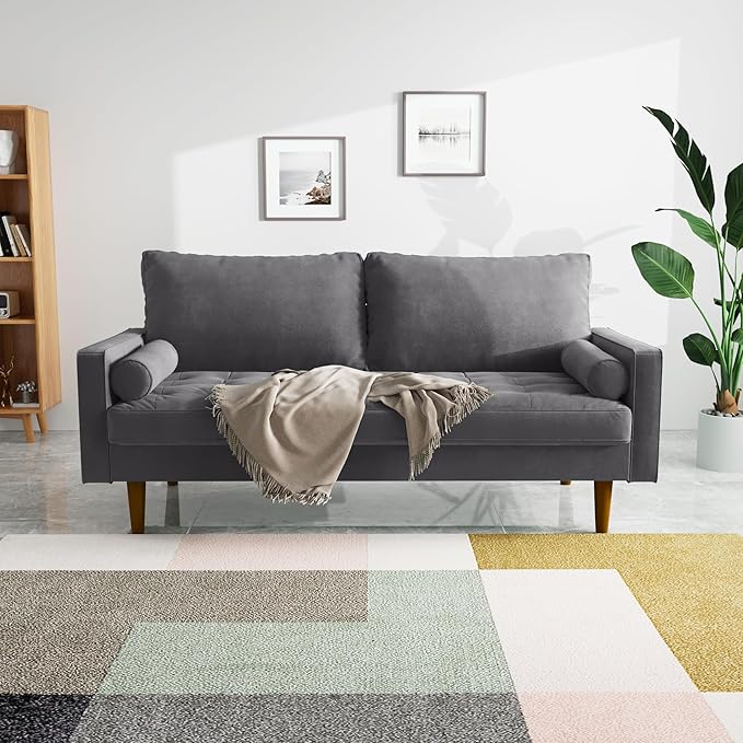 Velvet Furniture for Small Spaces, Mid-Century Modern Loveseats for Living Room, Love Seat Couch Sofas, 70 Inches, Grey - LeafyLoom