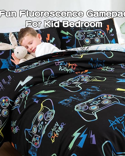 Meeting Story Gamer Gaming Bedding Sets Fluorescence Gamepad Comforter Set for Boys Games Console Action Buttons Novelty Colorful Modern Room Decor Home Quilt Set (Black, Twin) - LeafyLoom