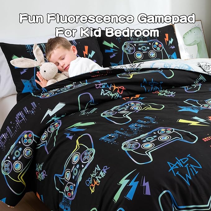 Meeting Story Gamer Gaming Bedding Sets Fluorescence Gamepad Comforter Set for Boys Games Console Action Buttons Novelty Colorful Modern Room Decor Home Quilt Set (Black, Twin) - LeafyLoom